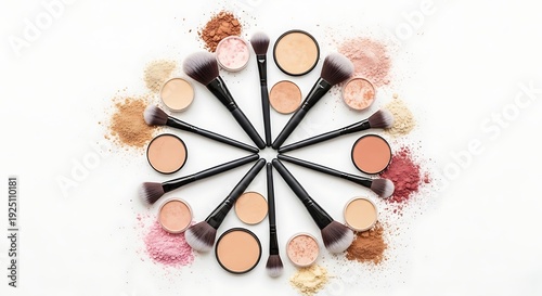 Flat lay of various foundation shades arranged in a circular pattern with scattered powder, beauty and cosmetics concept, diverse skin tones, clean white background, professional makeup presentation.
