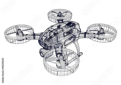 3D Wireframe Quadcopter Drone Model – Futuristic UAV Engineering Blueprint Illustration