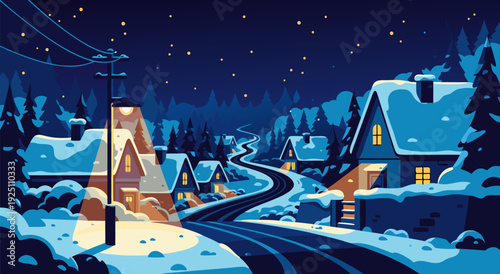 Vector illustration of peaceful snow-covered neighborhood at night with winding road