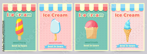 Retro Ice cream poster collection. Sweet ice cream shops flyers, banners on vintage background with typography elements. For kids menu, cafe, posters, cards, cafeteria advertisement