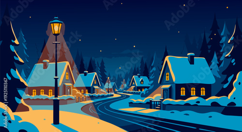 vector illustration peaceful night snow village road warm windows festive blue calm