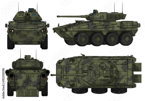 Modern Infantry Fighting Vehicle Illustration – Armored Military Vehicle Set with Multiple Views