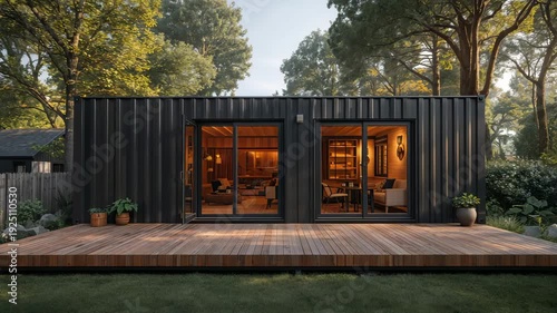 Modern container house with wooden deck and glass doors in backyard