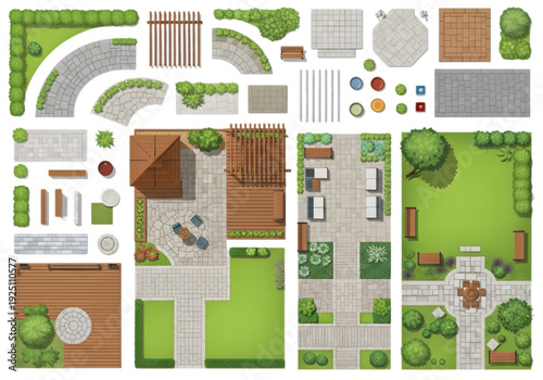 Top View Landscape Design Elements Set – Garden Layout Plan with Patio, Pathways, Trees and Outdoor Furniture Vector Collection
