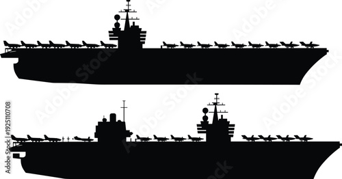 Modern aircraft carrier silhouette with fighter jets on deck, naval military warship maritime defense illustration