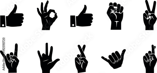 A comprehensive set of black silhouette hand gestures showcasing universal communication and diverse human expression