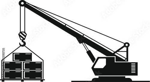 Industrial Crane Lifting Cargo Container Icon Construction Machinery and Heavy Equipment Symbol for Logistics Shipping Warehouse and Engineering Vector Illustration