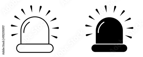 Emergency siren alarm light icon set with outline and solid styles, flashing warning beacon symbols for police, ambulance and fire rescue services, vector illustration isolated on transparent backgrou