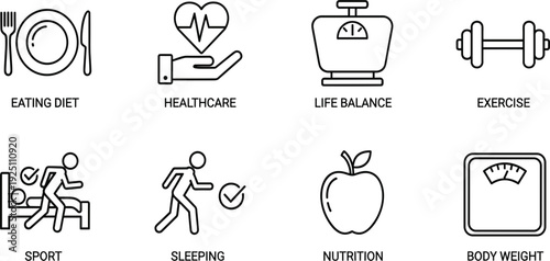 Healthy Lifestyle Icon Set Including Diet Healthcare Exercise Sleep Nutrition and Body Weight Symbols for Wellness Fitness and Medical Vector Illustration Collection