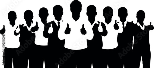 A diverse team of professional individuals gives a collective thumbsup gesture symbolizing success approval and strong teamwork in business environments