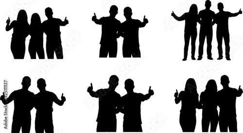 Collection of diverse adult people silhouettes offering thumbs up gesture in various group formations showing success approval happiness and teamwork
