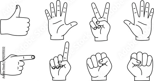 Diverse collection of common human hand gestures and signs represented in clean line art illustrations for communication concepts