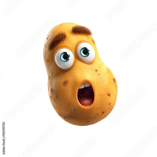 Surprised cartoon potato character with big eyes and open mouth isolated on white background