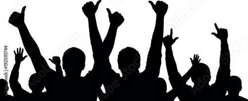 Energetic black silhouette of a cheerful crowd with raised hands and thumbs up celebrating success or victory at a concert or event