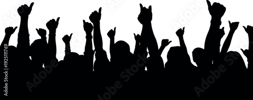 Energetic crowd silhouette raising hands with thumbs up gesture showing support and success at a lively concert event