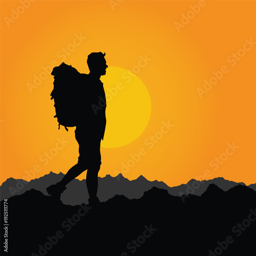 Hiker with backpack climbing steep trail; Sunset Illustration vector based drawing black silhouette Vol 03