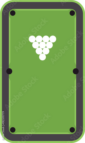 Green pool table showing racked billiard balls and pockets