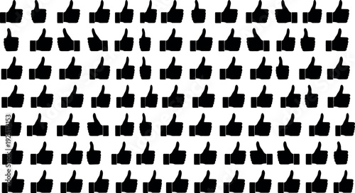 Numerous black thumbs up icons creating a striking repeating grid pattern representing approval agreement and positive feedback concept