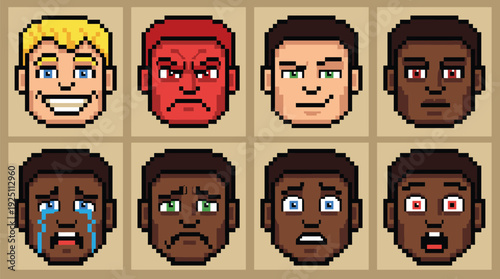Pixel art male avatar emotion grid, retro 8bit character facial expression set, game sprite portrait collection illustration