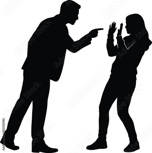 Angry, businessman, in, suit, pointing, finger, at, scared, woman, silhouette, isolated, on, white, background, workplace, conflict, harassment, flat, vector, illustration.