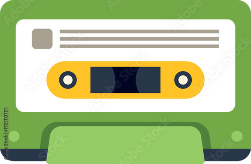 Green and white analog cassette tape with yellow window on a white background