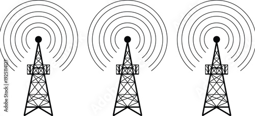 Radio communication tower icon set with signal waves, wireless network antenna technology vector illustration isolated on white