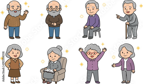 Senior elderly people cartoon characters, happy grandfather grandmother standing sitting reading and walking with cane illustration set