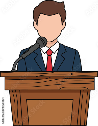 Faceless cartoon businessman in a blue suit and red tie giving a speech at a wooden lectern.