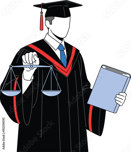 Faceless law school graduate in a black academic gown holding the scales of justice and a blue book.