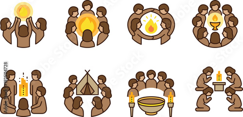Spiritual community ritual icons, people praying around sacred flame candle and ceremonial altar flat vector illustration set