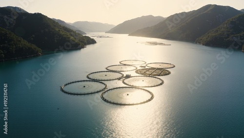 Circular fish farms in a mountainous bay