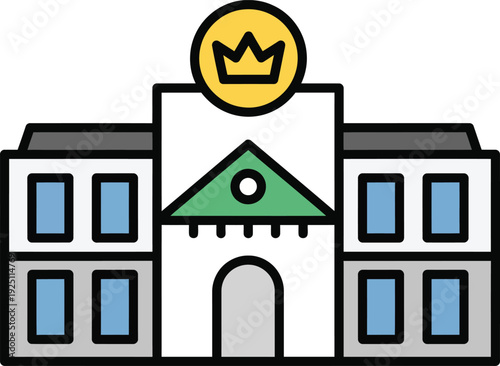 Filled line icon of a stately white building with a large golden crown emblem.