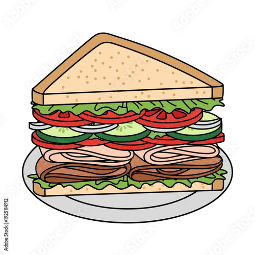 A delicious layered sandwich with vegetables and meat on a plate.
