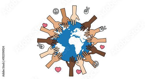 Illustration of diverse hands around the Earth with hearts and peace signs on a white background.