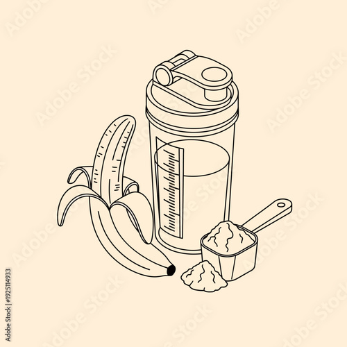 Protein shake with banana and powder in a shaker bottle.