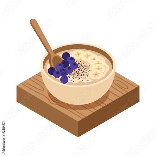 Bowl of Oatmeal with Blueberries and Chia Seeds on Wooden Board.