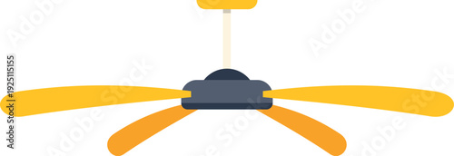 Yellow ceiling fan rotating to cool a room, isolated on white background