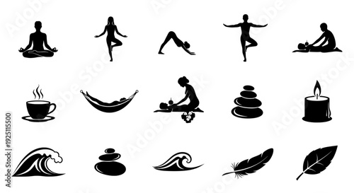 Twelve Black Silhouette Icons Evoking Wellness, Mindfulness, and Relaxation—Including Yoga Poses, Meditation, Hammock, Tea, Stones, Candle, and Nature Elements

