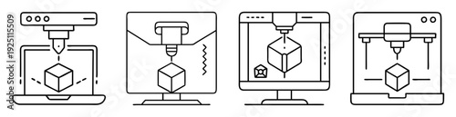 Various illustrations of 3D printers producing cube shapes and designs