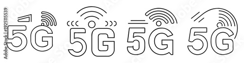 Multiple variations of 5G network logo design in simple outline