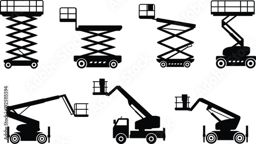 Flat vector silhouettes of scissor lifts and boom lifts industrial equipment