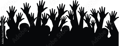 "People crowd silhouette illustration, raised hands, unity concept, protest artwork, community support, social movement design, celebration participation graphic"