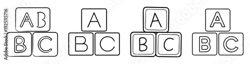 Illustration of four sets of ABC blocks, focusing on early learning concepts