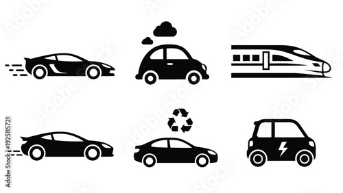 Various vehicles with eco-friendly and futuristic symbols integrated into their designs