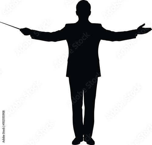 Black silhouette of a professional music conductor holding a baton and gesturing with open arms, isolated flat vector illustration, orchestral performance.