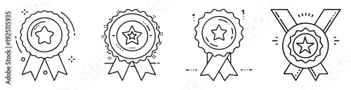 Minimalist line art illustration of four different badges with stars and ribbons