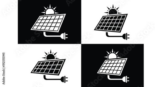 Four solar panels connected to electrical outlets against a dark background