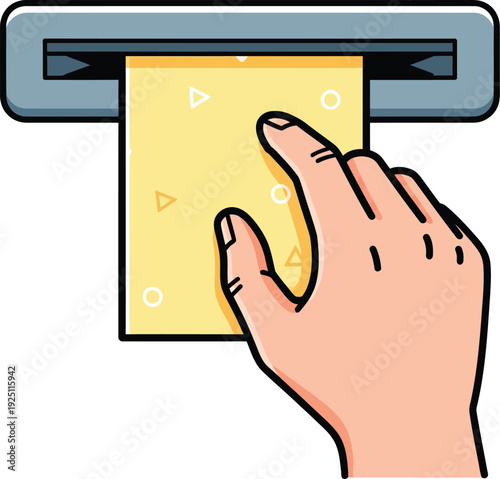 Illustrated cartoon hand with an extended index finger inserting a yellow ticket into a gray machine slot.