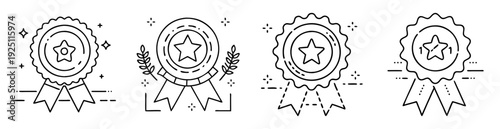 Collection of four line art style star badges with decorative elements
