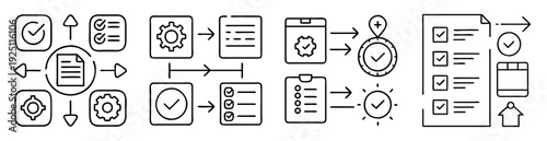 Black and white flow chart depicting a systematic process with different stages
